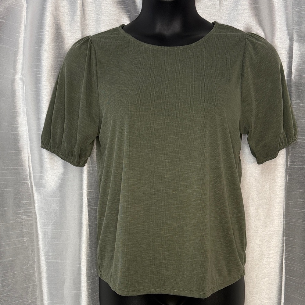 Green Envelope Top Melon Sleeves Boat Neck Army Green Ribbed Women’s M
